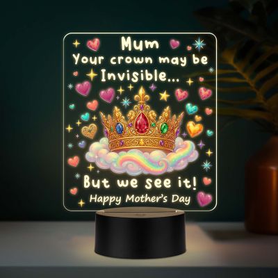 Mom Crown Inspirational Acrylic LED Lamp with UV Print – Personalized Mother Quote Night Light with Warm White LED & USB Power